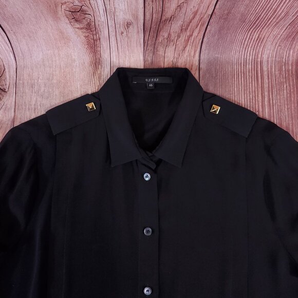 *READ* Gucci Black Sheer Blouse Shirt Studded Epaulets Long Sleeve Button Up - Picture 10 of 16
